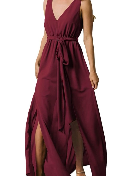 aooksmery Dresses & Skirts - V-Neck Burgundy Maxi Dress with Waist Tie